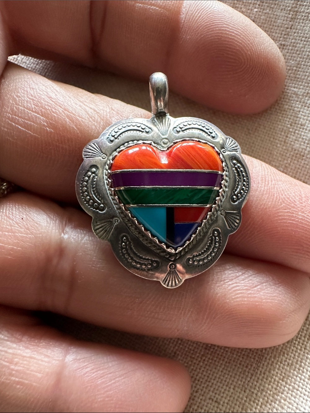 Multi-Color Inlay Heart Pendant - Women’s Silver 925 Pendant 1990s
